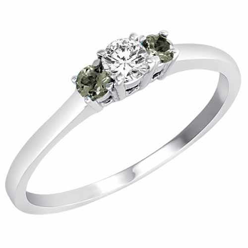 10K White Gold Round 3 Stone Diamond and Green Amethyst Accented Engagement Ring (0.25 cttw)