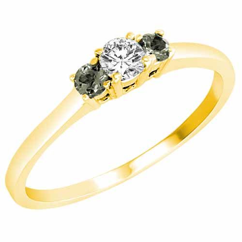 10K Yellow Gold Round 3 Stone Diamond and Green Amethyst Accented Engagement Ring (0.25 cttw)