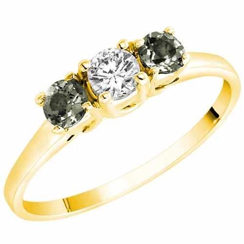 18K Yellow Gold Round 3 Stone Diamond and Green Amethyst Accented Engagement Ring (0.45 cttw)