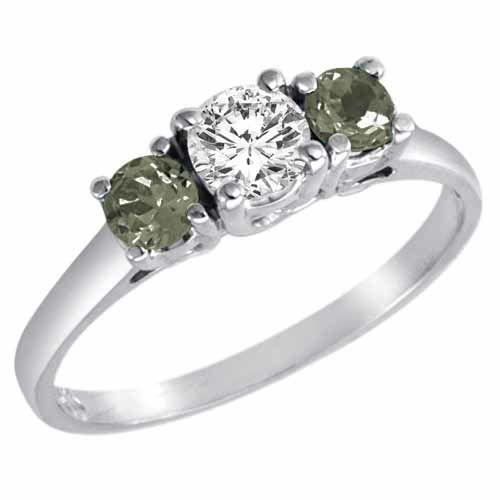 14K White Gold Round 3 Stone Diamond and Green Amethyst Accented Engagement Ring (0.95 cttw)