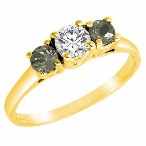 10K Yellow Gold Round 3 Stone Diamond and Green Amethyst Accented Engagement Ring (0.95 cttw)