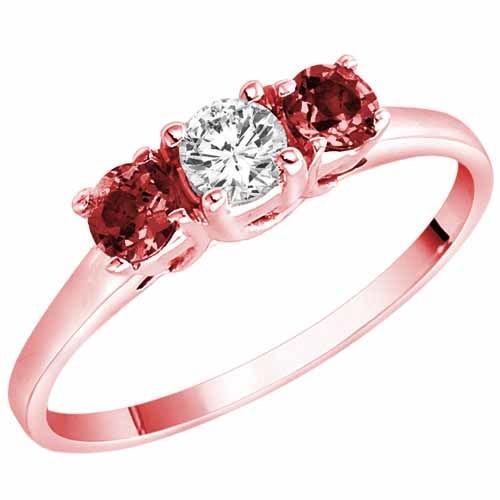 18K Rose Gold Round 3 Stone Diamond and Garnet Accented Engagement Ring (0.45 cttw)