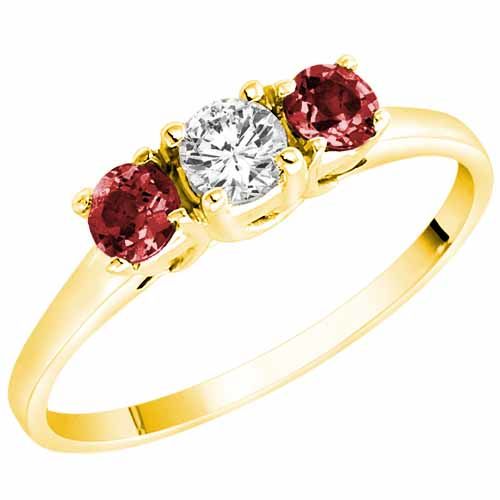 18K Yellow Gold Round 3 Stone Diamond and Garnet Accented Engagement Ring (0.45 cttw)