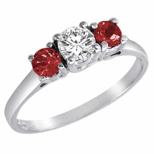 18K White Gold Round 3 Stone Diamond and Garnet Accented Engagement Ring (0.95 cttw)
