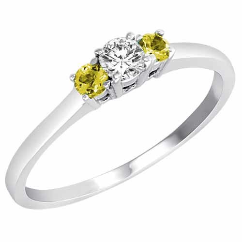 Platinum Round 3 Stone Diamond and Lemon Quartz Accented Engagement Ring (0.25 cttw)