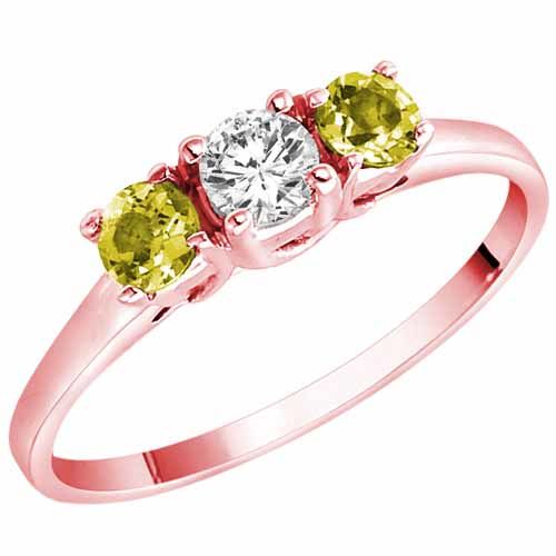 10K Rose Gold Round 3 Stone Diamond and Lemon Quartz Accented Engagement Ring (0.45 cttw)