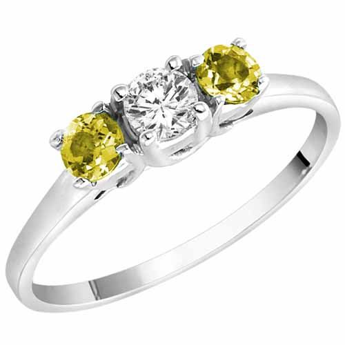 Sterling Silver Round 3 Stone Diamond and Lemon Quartz Accented Engagement Ring (0.45 cttw)