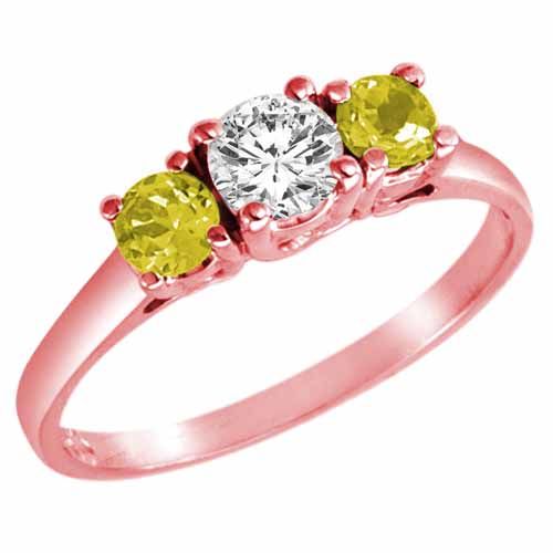 14K Rose Gold Round 3 Stone Diamond and Lemon Quartz Accented Engagement Ring (0.95 cttw)