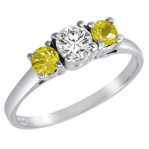 18K White Gold Round 3 Stone Diamond and Lemon Quartz Accented Engagement Ring (0.95 cttw)