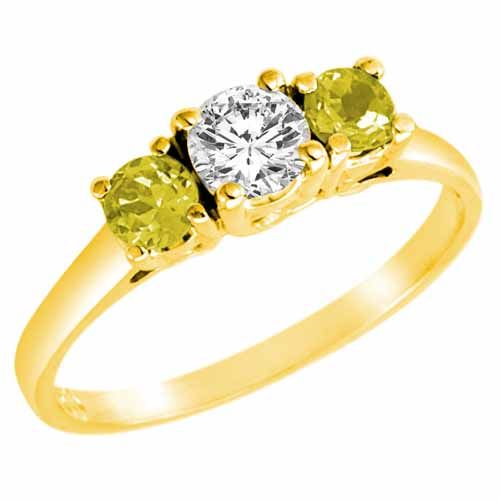 14K Yellow Gold Round 3 Stone Diamond and Lemon Quartz Accented Engagement Ring (0.95 cttw)