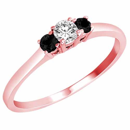 10K Rose Gold Round 3 Stone Diamond and Onyx Accented Engagement Ring (0.25 cttw)