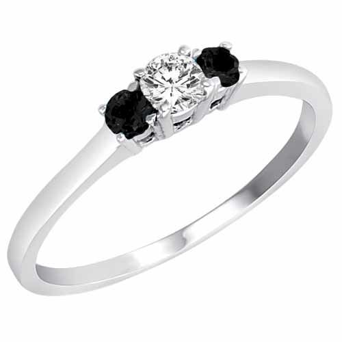 10K White Gold Round 3 Stone Diamond and Onyx Accented Engagement Ring (0.25 cttw)