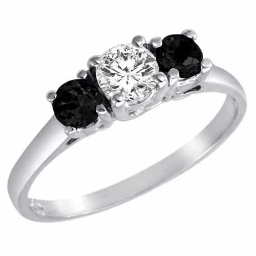 Platinum Round 3 Stone Diamond and Onyx Accented Engagement Ring (0.95 cttw)