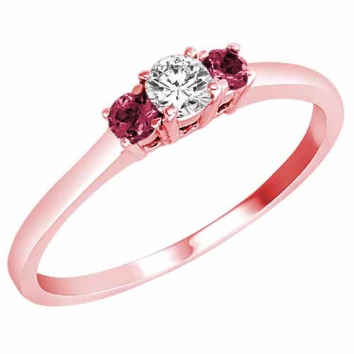 10K Rose Gold Round 3 Stone Diamond and Pink Tourmaline Accented Engagement Ring (0.25 cttw)