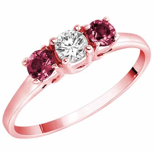 10K Rose Gold Round 3 Stone Diamond and Pink Tourmaline Accented Engagement Ring (0.45 cttw)