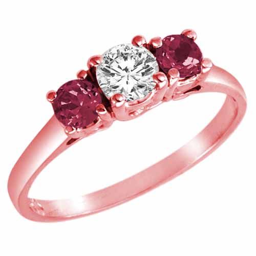 10K Rose Gold Round 3 Stone Diamond and Pink Tourmaline Accented Engagement Ring (0.95 cttw)