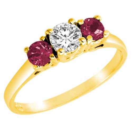 14K Yellow Gold Round 3 Stone Diamond and Pink Tourmaline Accented Engagement Ring (0.95 cttw)