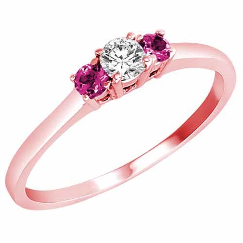 14K Rose Gold Round 3 Stone Diamond and Pink Sapphire Accented Engagement Ring (0.25 cttw)