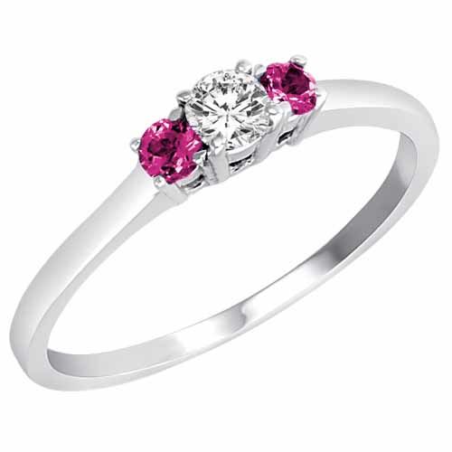 18K White Gold Round 3 Stone Diamond and Pink Sapphire Accented Engagement Ring (0.25 cttw)