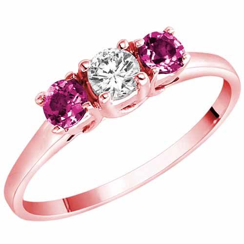 18K Rose Gold Round 3 Stone Diamond and Pink Sapphire Accented Engagement Ring (0.45 cttw)