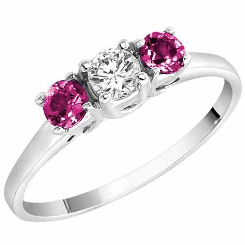 10K White Gold Round 3 Stone Diamond and Pink Sapphire Accented Engagement Ring (0.45 cttw)