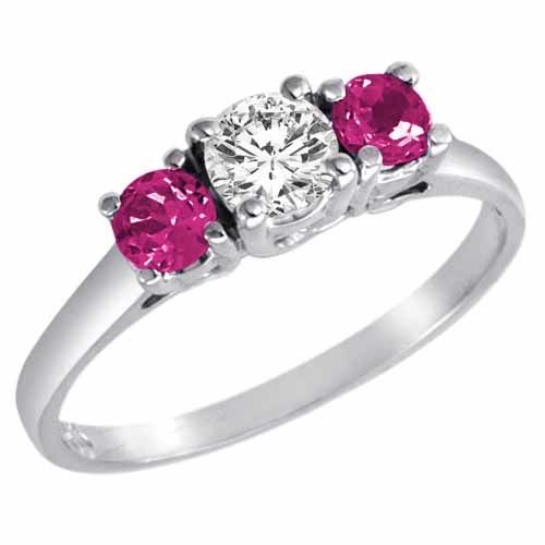 14K White Gold Round 3 Stone Diamond and Pink Sapphire Accented Engagement Ring (0.95 cttw)