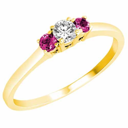 10K Yellow Gold Round 3 Stone Diamond and Pink Topaz Accented Engagement Ring (0.25 cttw)