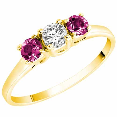 10K Yellow Gold Round 3 Stone Diamond and Pink Topaz Accented Engagement Ring (0.45 cttw)
