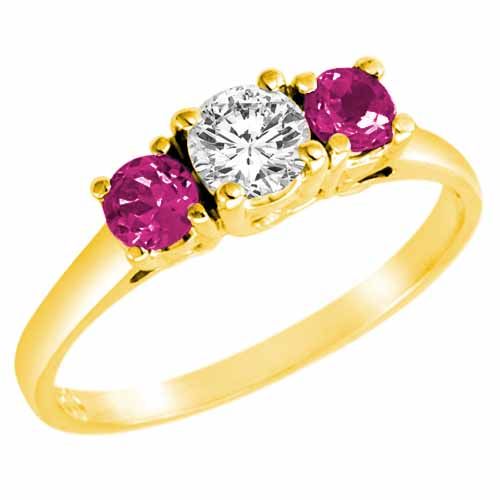18K Yellow Gold Round 3 Stone Diamond and Pink Topaz Accented Engagement Ring (0.95 cttw)