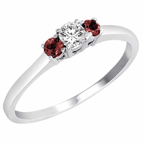 18K White Gold Round 3 Stone Diamond and Ruby Accented Engagement Ring (0.25 cttw)