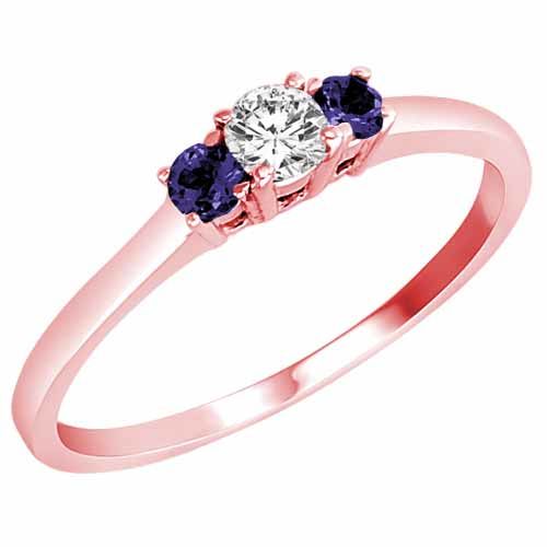 14K Rose Gold Round 3 Stone Diamond and Blue Sapphire Accented Engagement Ring (0.25 cttw)