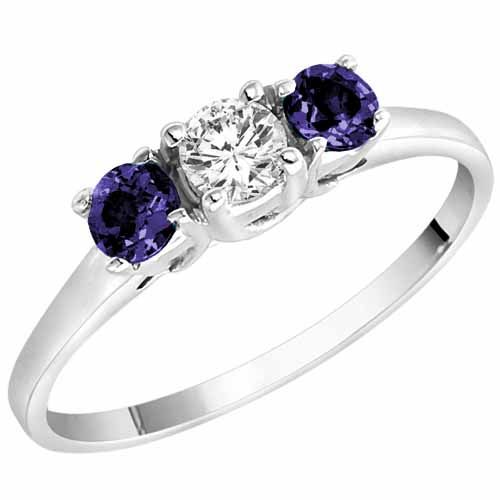 18K White Gold Round 3 Stone Diamond and Blue Sapphire Accented Engagement Ring (0.45 cttw)