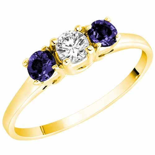 14K Yellow Gold Round 3 Stone Diamond and Blue Sapphire Accented Engagement Ring (0.45 cttw)