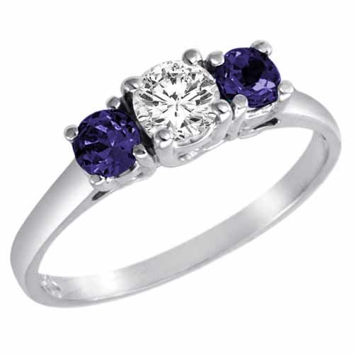 14K White Gold Round 3 Stone Diamond and Blue Sapphire Accented Engagement Ring (0.95 cttw)