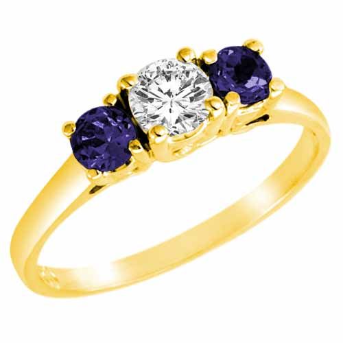 18K Yellow Gold Round 3 Stone Diamond and Blue Sapphire Accented Engagement Ring (0.95 cttw)