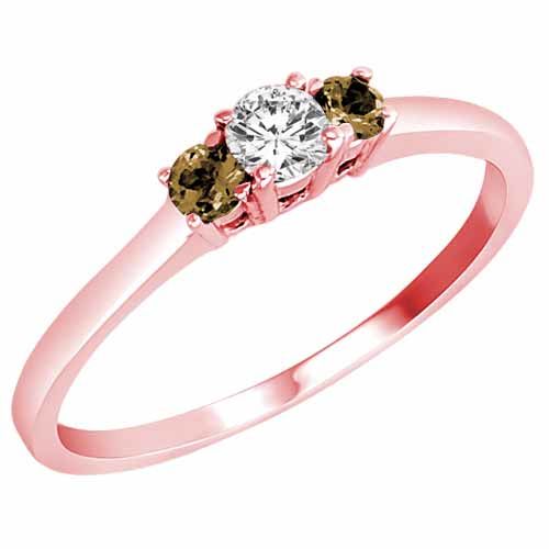 10K Rose Gold Round 3 Stone Diamond and Smoky Quartz Accented Engagement Ring (0.25 cttw)