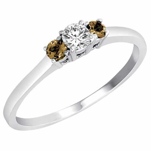 18K White Gold Round 3 Stone Diamond and Smoky Quartz Accented Engagement Ring (0.25 cttw)