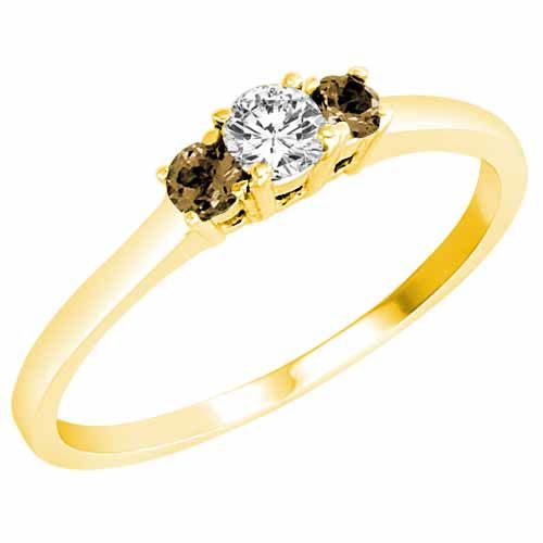 10K Yellow Gold Round 3 Stone Diamond and Smoky Quartz Accented Engagement Ring (0.25 cttw)