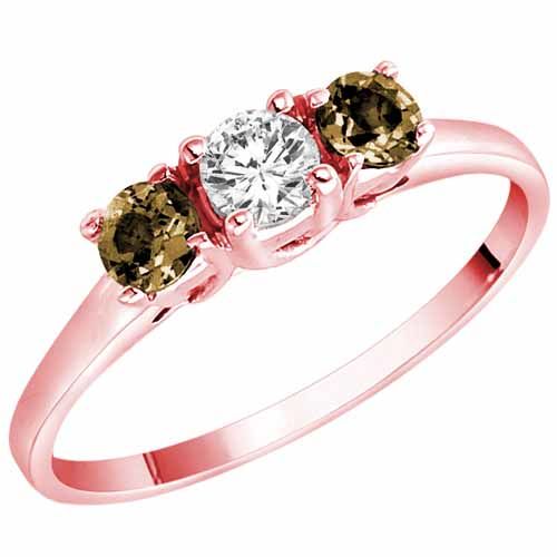 10K Rose Gold Round 3 Stone Diamond and Smoky Quartz Accented Engagement Ring (0.45 cttw)