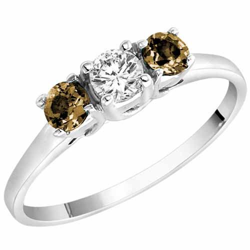 Sterling Silver Round 3 Stone Diamond and Smoky Quartz Accented Engagement Ring (0.45 cttw)