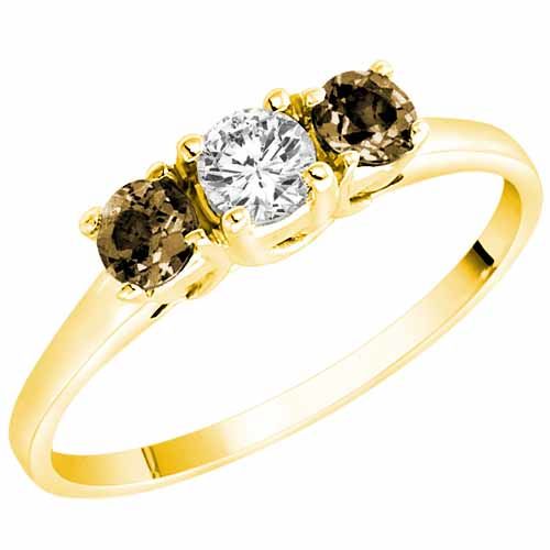 10K Yellow Gold Round 3 Stone Diamond and Smoky Quartz Accented Engagement Ring (0.45 cttw)