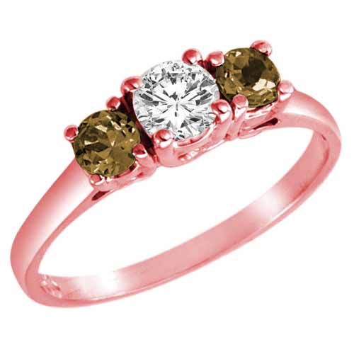 14K Rose Gold Round 3 Stone Diamond and Smoky Quartz Accented Engagement Ring (0.95 cttw)