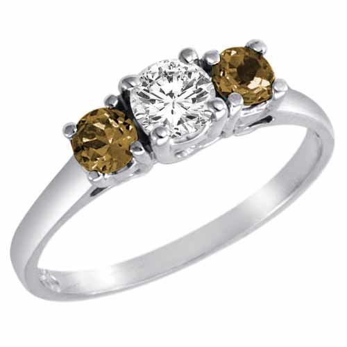 14K White Gold Round 3 Stone Diamond and Smoky Quartz Accented Engagement Ring (0.95 cttw)