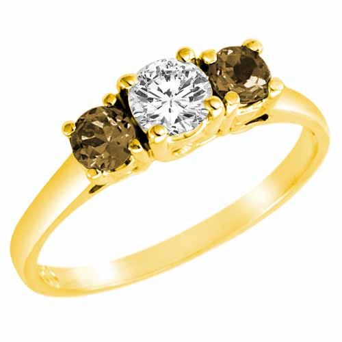 10K Yellow Gold Round 3 Stone Diamond and Smoky Quartz Accented Engagement Ring (0.95 cttw)