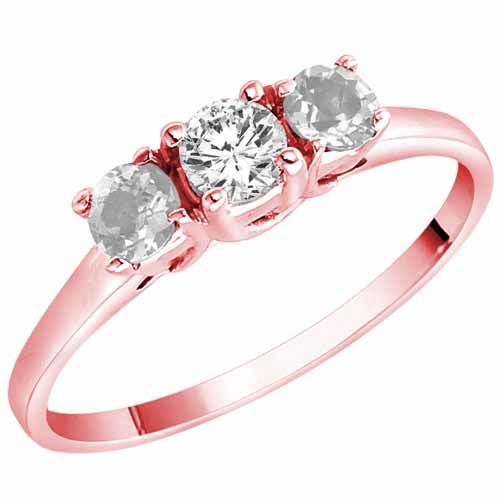 14K Rose Gold Round 3 Stone Diamond and White Quartz Accented Engagement Ring (0.45 cttw)