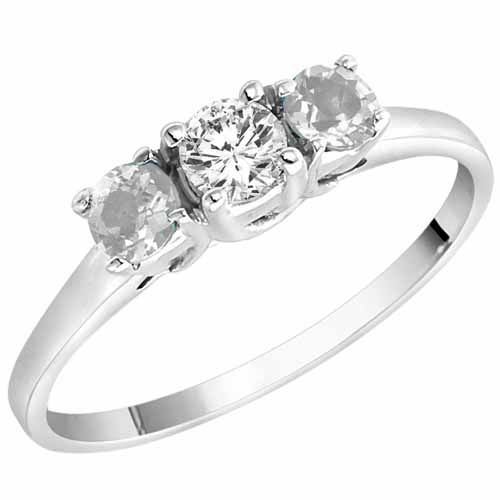 18K White Gold Round 3 Stone Diamond and White Quartz Accented Engagement Ring (0.45 cttw)