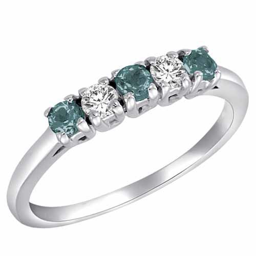 14K White Gold Round 5 Stone Diamond and Aquamarine Band Ring (2/5 cttw)