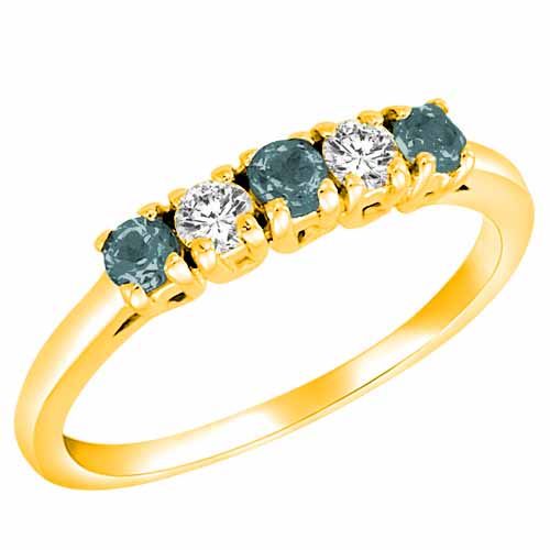 18K Yellow Gold Round 5 Stone Diamond and Aquamarine Band Ring (2/5 cttw)