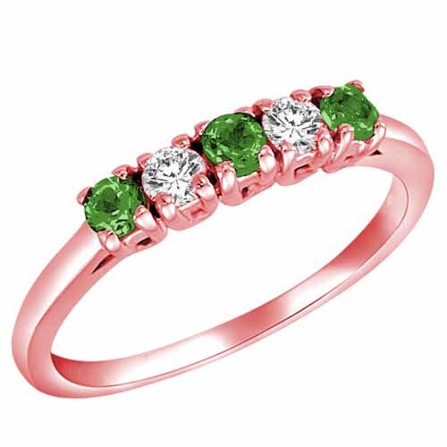 18K Rose Gold Round 5 Stone Diamond and Emerald Band Ring (2/5 cttw)