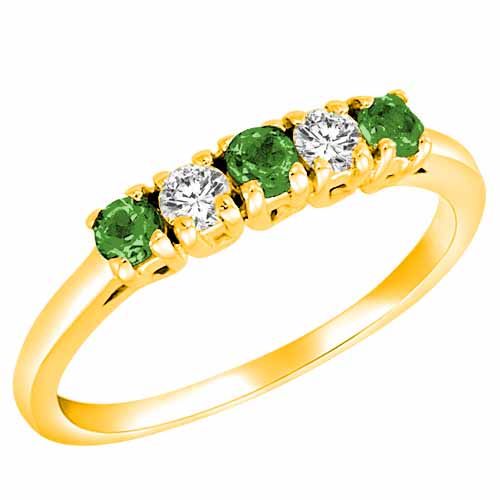 14K Yellow Gold Round 5 Stone Diamond and Emerald Band Ring (2/5 cttw)